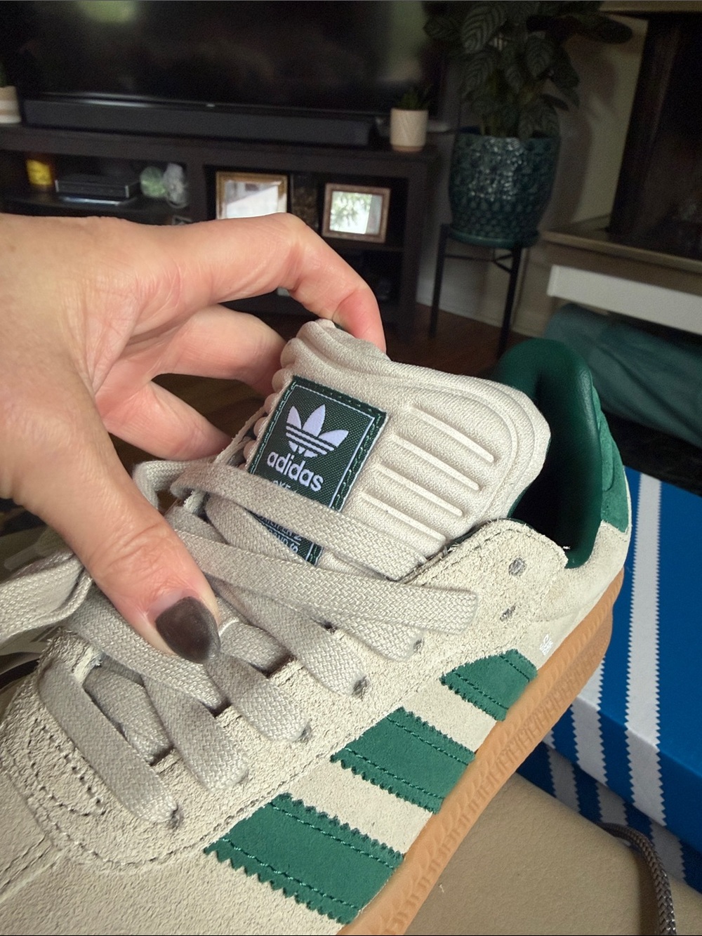 adidas unisex Samba XLG Suede Sneakers in Putty Gray with Green Stripes - Picture 6 of 6